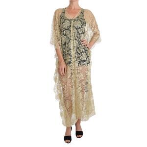 Dolce & Gabbana Gold Floral Lace Crystal Gown Cape Women's Dress